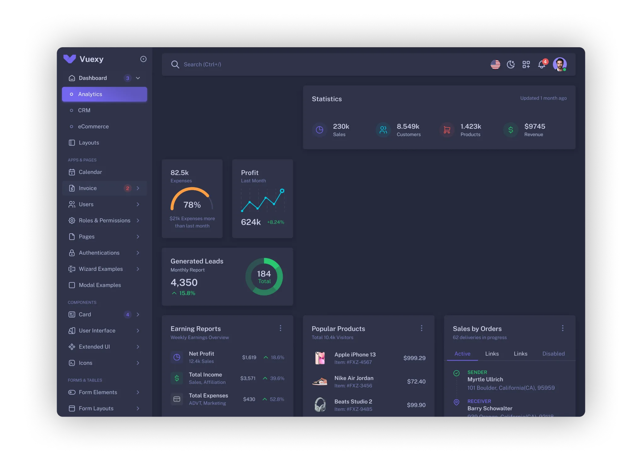 Painel de gestão GoLess com visão geral de pedidos, estoque e vendas em marketplaces - modo escuro